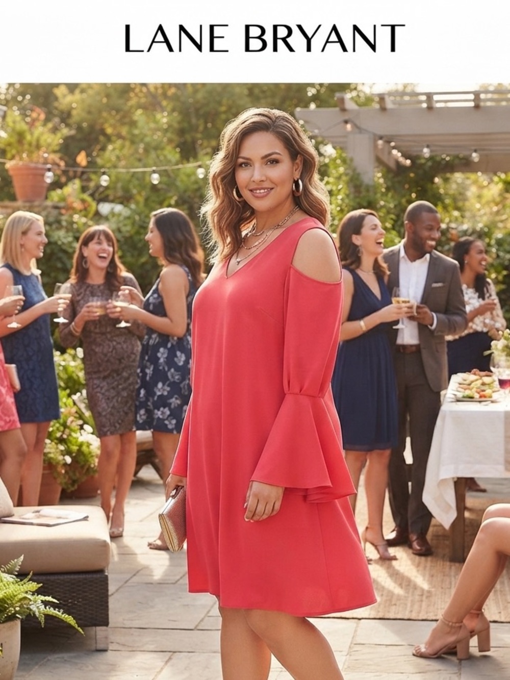 Lane Bryant Coral Cold-Shoulder Midi Dress with Bell Sleeves